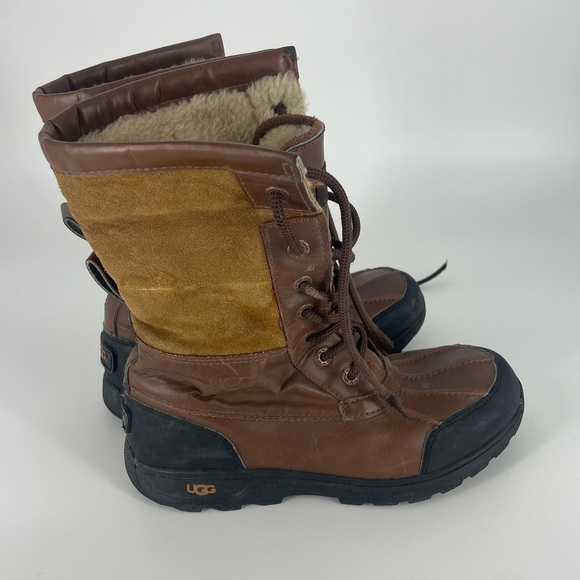 UGG Butte Kids Size 4 Leather Winter Boot Adirondack Style Brown Tan Waterproof - Picture 1 of 6